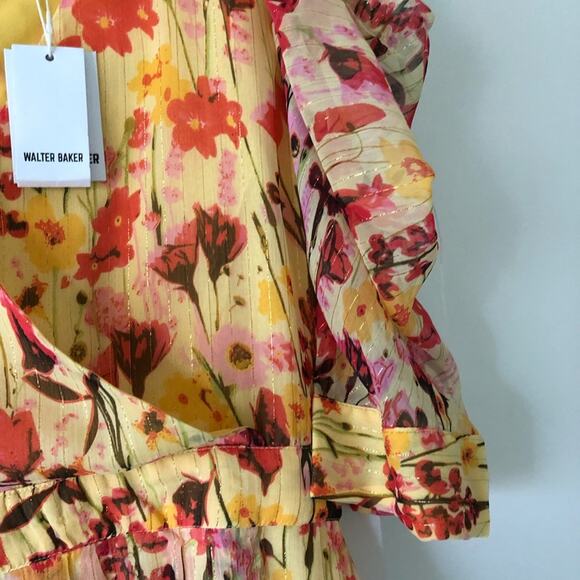 Walter Baker Butter Yellow Floral Print Dress Puff Short Sleeve Faux Wrap 8 $228 - Picture 6 of 11